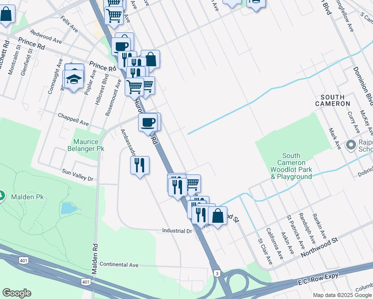 map of restaurants, bars, coffee shops, grocery stores, and more near 1969 Northway Avenue in Windsor