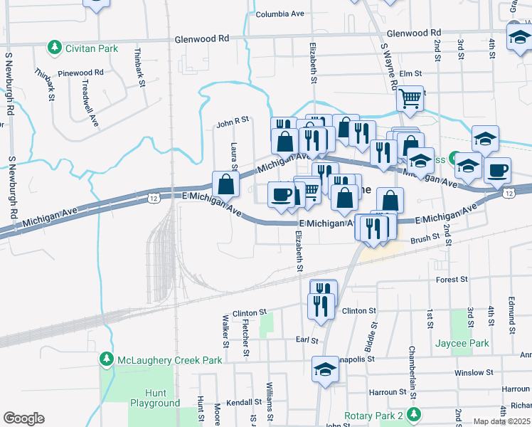 map of restaurants, bars, coffee shops, grocery stores, and more near 35800 Michigan Avenue in Wayne