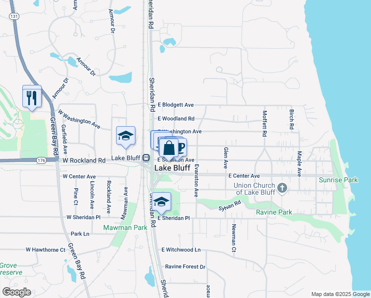 map of restaurants, bars, coffee shops, grocery stores, and more near 117 East North Avenue in Lake Bluff