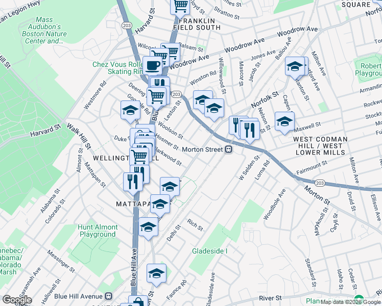 map of restaurants, bars, coffee shops, grocery stores, and more near 52 Hosmer Street in Mattapan