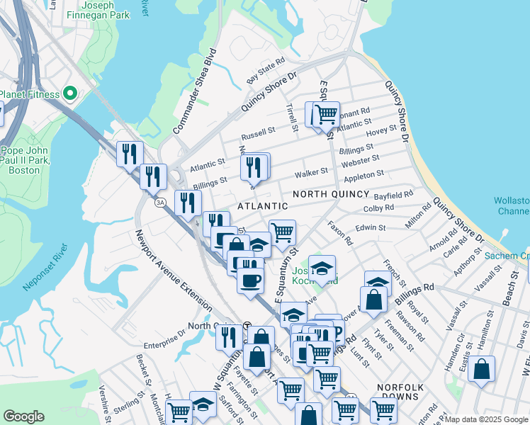 map of restaurants, bars, coffee shops, grocery stores, and more near 94 Newbury Avenue in Quincy