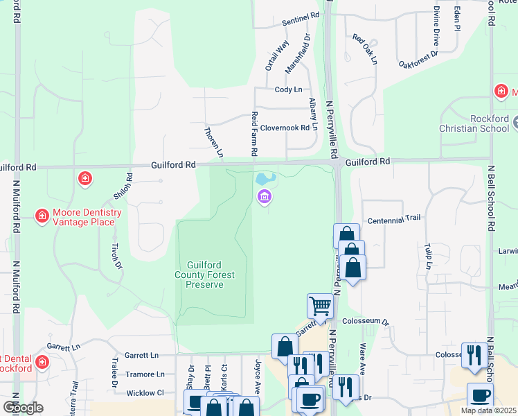 map of restaurants, bars, coffee shops, grocery stores, and more near 6799 Guilford Road in Rockford