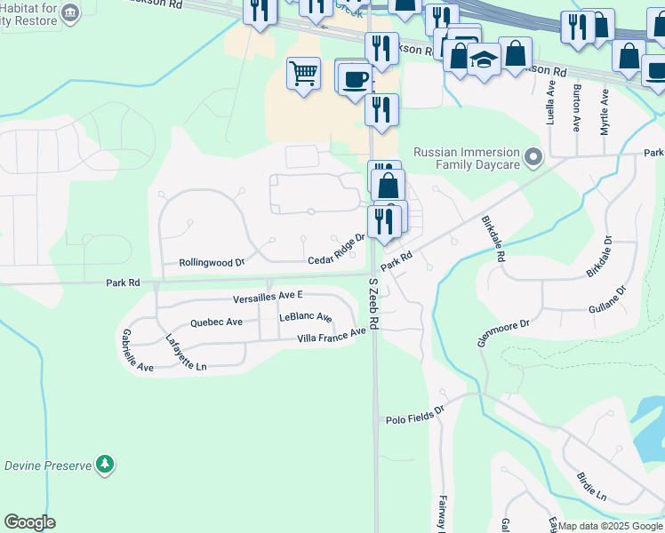 map of restaurants, bars, coffee shops, grocery stores, and more near 5623 Cedar Ridge Drive in Ann Arbor