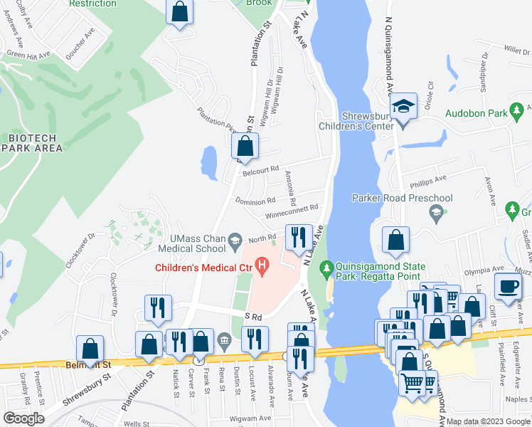 map of restaurants, bars, coffee shops, grocery stores, and more near 40 Winneconnett Road in Worcester