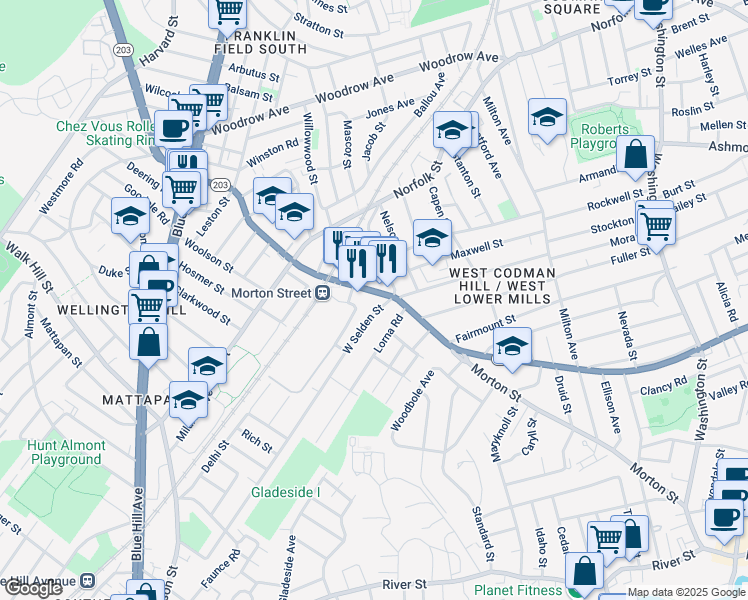 map of restaurants, bars, coffee shops, grocery stores, and more near 907 Morton Street in Boston