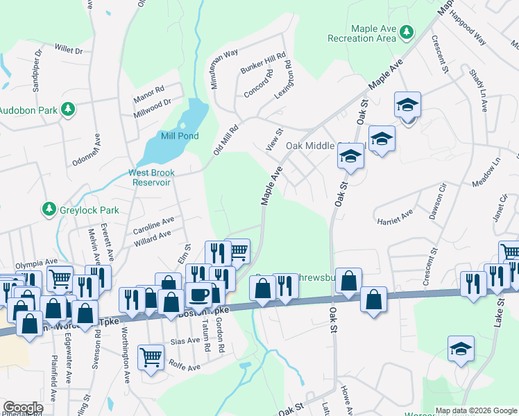 map of restaurants, bars, coffee shops, grocery stores, and more near 304 Maple Avenue in Shrewsbury
