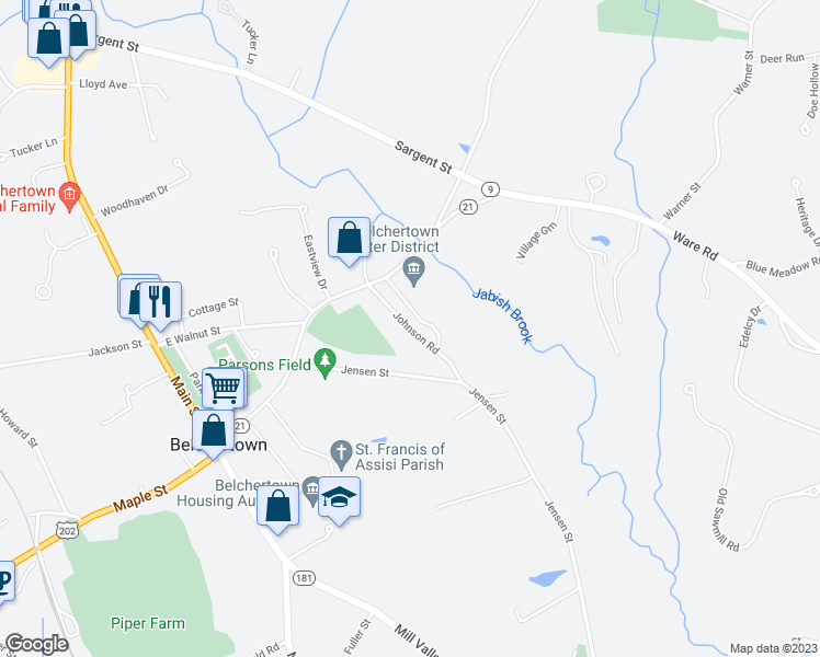 map of restaurants, bars, coffee shops, grocery stores, and more near Johnson Road in Belchertown