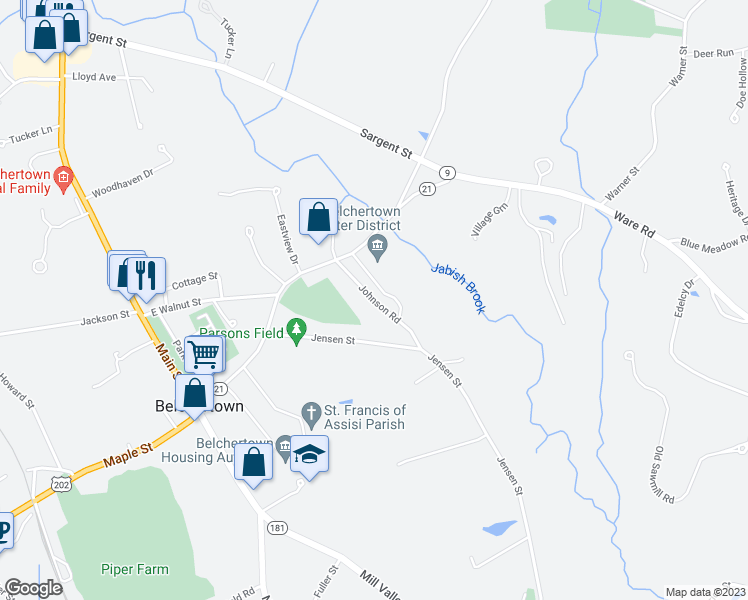 map of restaurants, bars, coffee shops, grocery stores, and more near 1 Johnson Road in Belchertown