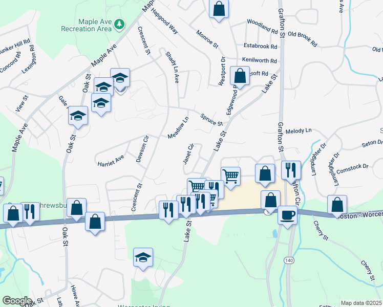 map of restaurants, bars, coffee shops, grocery stores, and more near 44 Janet Circle in Shrewsbury