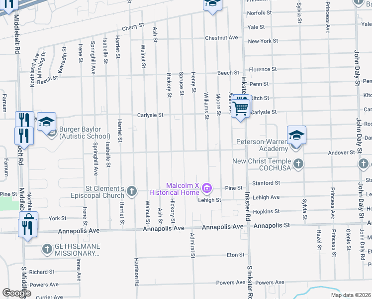 map of restaurants, bars, coffee shops, grocery stores, and more near 3925 Spruce Street in Inkster