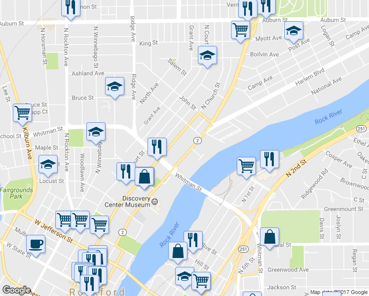 map of restaurants, bars, coffee shops, grocery stores, and more near 948 North Main Street in Rockford