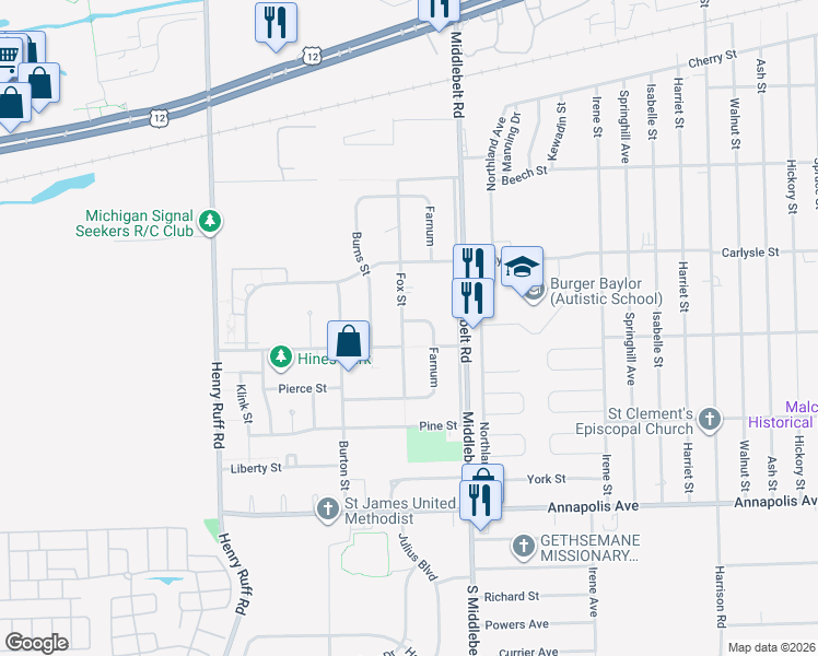 map of restaurants, bars, coffee shops, grocery stores, and more near 3927 Fox Street in Inkster