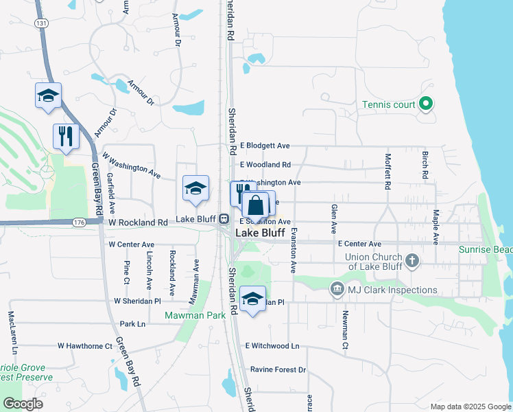 map of restaurants, bars, coffee shops, grocery stores, and more near 33 East North Avenue in Lake Bluff