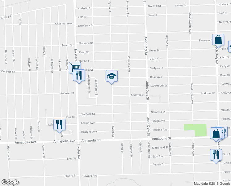 map of restaurants, bars, coffee shops, grocery stores, and more near 26986 Andover Street in Inkster