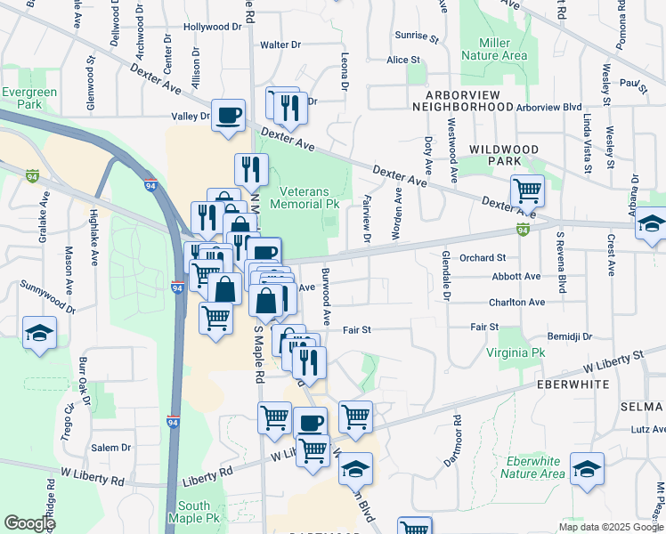 map of restaurants, bars, coffee shops, grocery stores, and more near 2123 Jackson Avenue in Ann Arbor