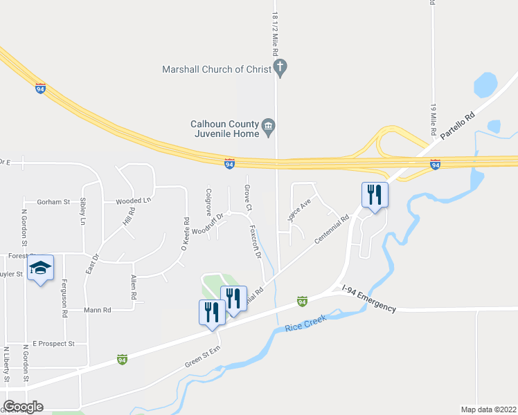 map of restaurants, bars, coffee shops, grocery stores, and more near 14401 18 1/2 Mile Road in Marshall