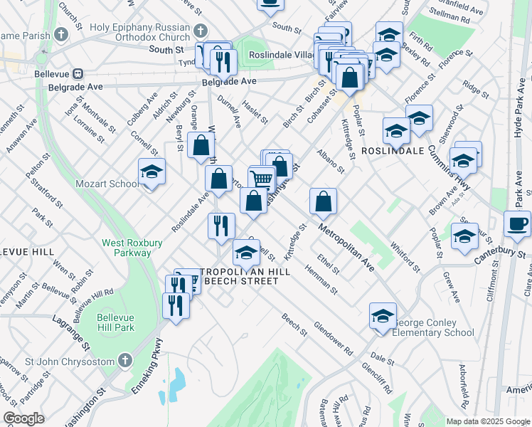 map of restaurants, bars, coffee shops, grocery stores, and more near 4430 Washington Street in Boston
