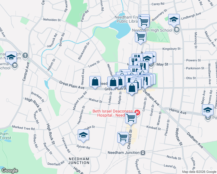 map of restaurants, bars, coffee shops, grocery stores, and more near 1159 Great Plain Avenue in Needham