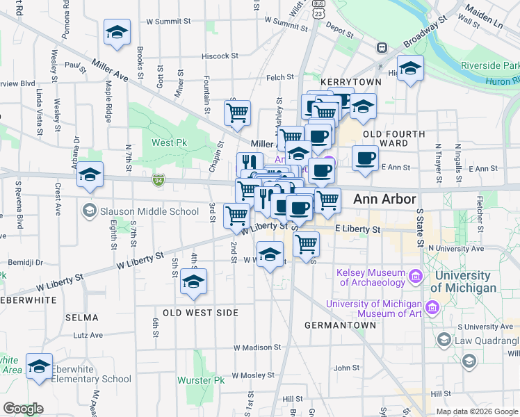 map of restaurants, bars, coffee shops, grocery stores, and more near 201 South 1st Street in Ann Arbor