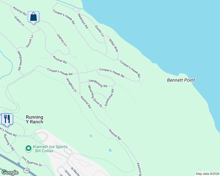 map of restaurants, bars, coffee shops, grocery stores, and more near 10358 Cinnamon Teal Drive in Klamath Falls