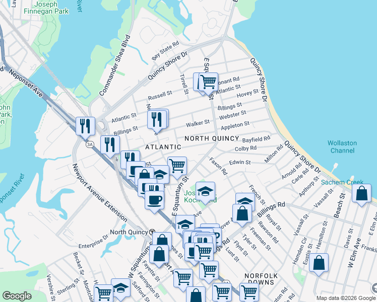 map of restaurants, bars, coffee shops, grocery stores, and more near 45 Botolph Street in Quincy