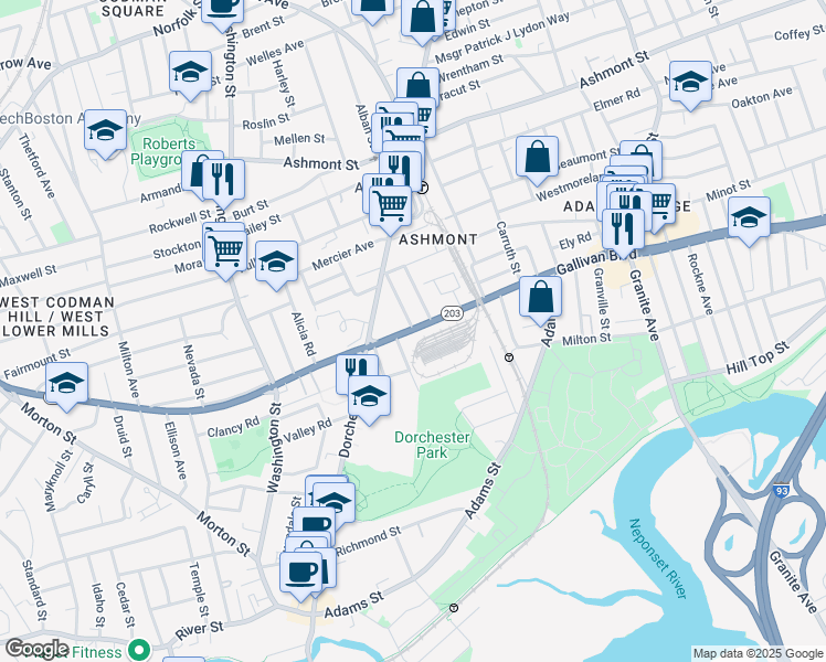 map of restaurants, bars, coffee shops, grocery stores, and more near 341-345 Gallivan Boulevard in Boston