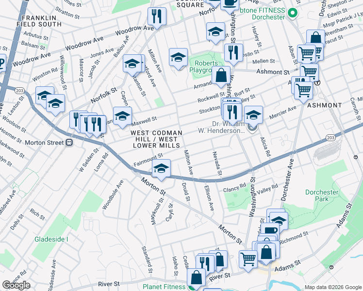 map of restaurants, bars, coffee shops, grocery stores, and more near 115 Fairmount Street in Boston