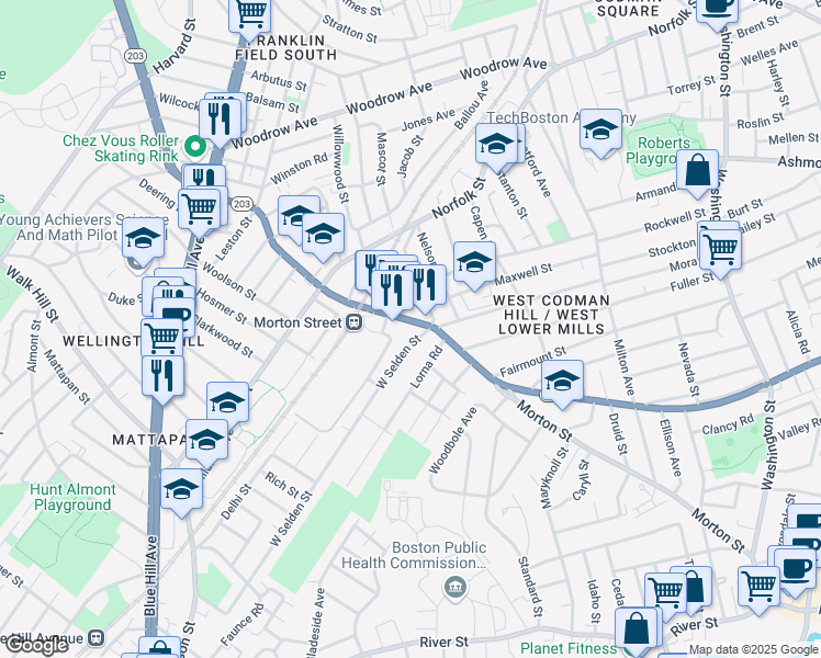 map of restaurants, bars, coffee shops, grocery stores, and more near 907 Morton Street in Boston