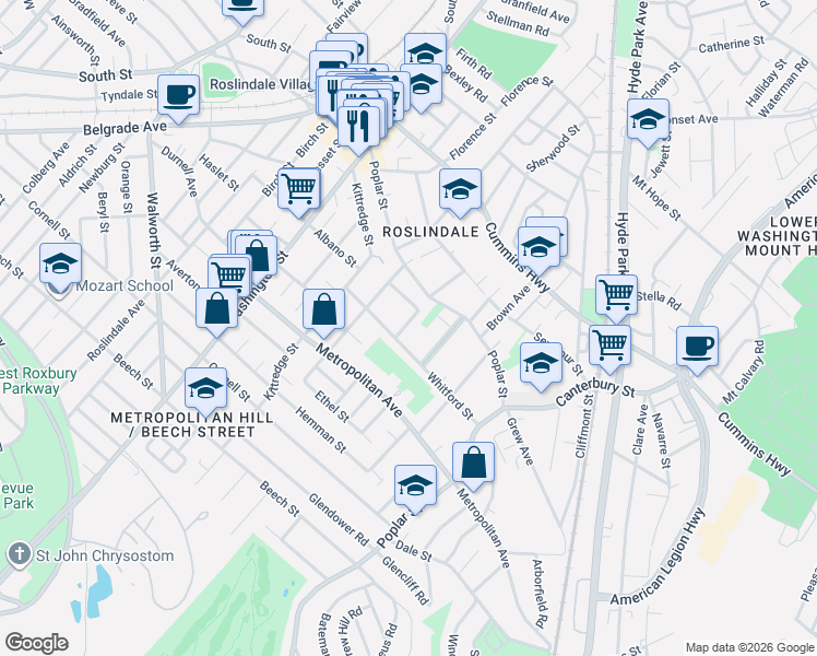 map of restaurants, bars, coffee shops, grocery stores, and more near 17 Hillview Avenue in Boston