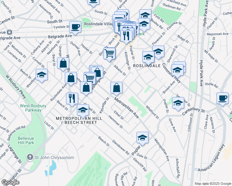 map of restaurants, bars, coffee shops, grocery stores, and more near 147A Kittredge Street in Boston