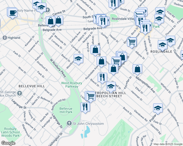 map of restaurants, bars, coffee shops, grocery stores, and more near 227 Roslindale Avenue in Boston