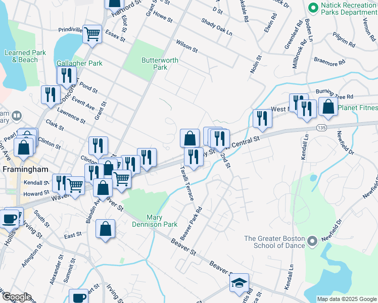map of restaurants, bars, coffee shops, grocery stores, and more near 26 Willis Street in Framingham