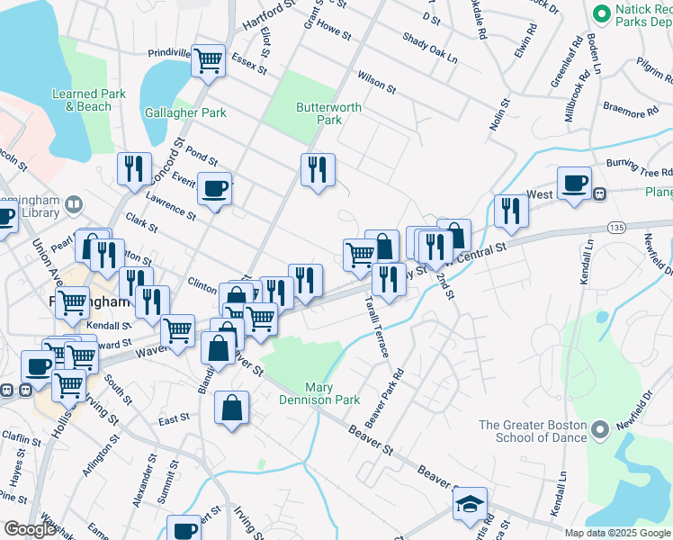 map of restaurants, bars, coffee shops, grocery stores, and more near 47 Clarks Hill in Framingham