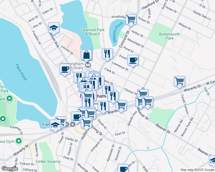 map of restaurants, bars, coffee shops, grocery stores, and more near 47 Clinton Street in Framingham