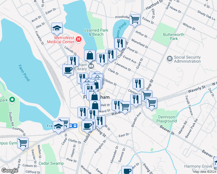 map of restaurants, bars, coffee shops, grocery stores, and more near 20 Richardson Circle in Framingham