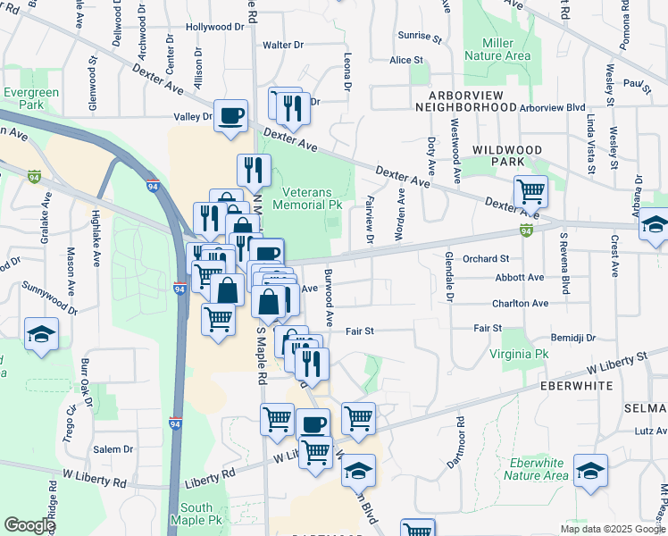 map of restaurants, bars, coffee shops, grocery stores, and more near 2123 Jackson Avenue in Ann Arbor