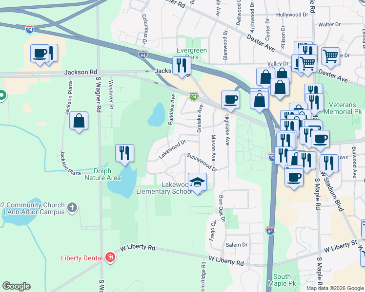 map of restaurants, bars, coffee shops, grocery stores, and more near 3065 Lakewood Drive in Ann Arbor
