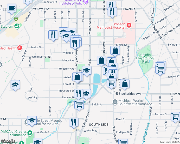 map of restaurants, bars, coffee shops, grocery stores, and more near 1119 South Park Street in Kalamazoo