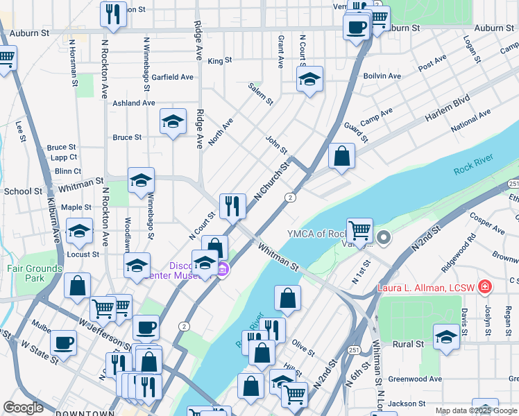 map of restaurants, bars, coffee shops, grocery stores, and more near 948 North Main Street in Rockford