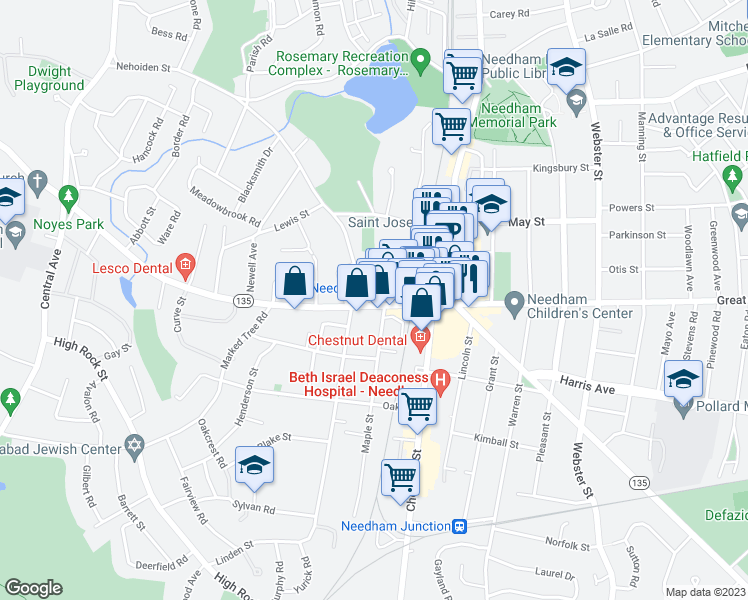 map of restaurants, bars, coffee shops, grocery stores, and more near 1111 Great Plain Avenue in Needham