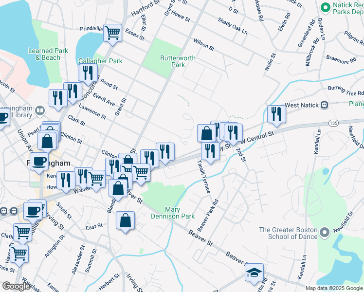 map of restaurants, bars, coffee shops, grocery stores, and more near 47 Clarks Hill in Framingham
