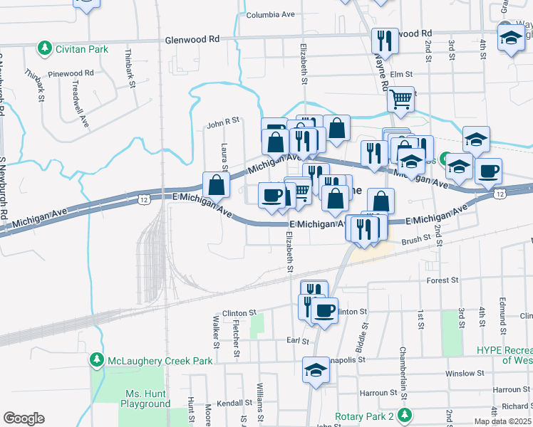 map of restaurants, bars, coffee shops, grocery stores, and more near 35700 East Michigan Avenue in Wayne