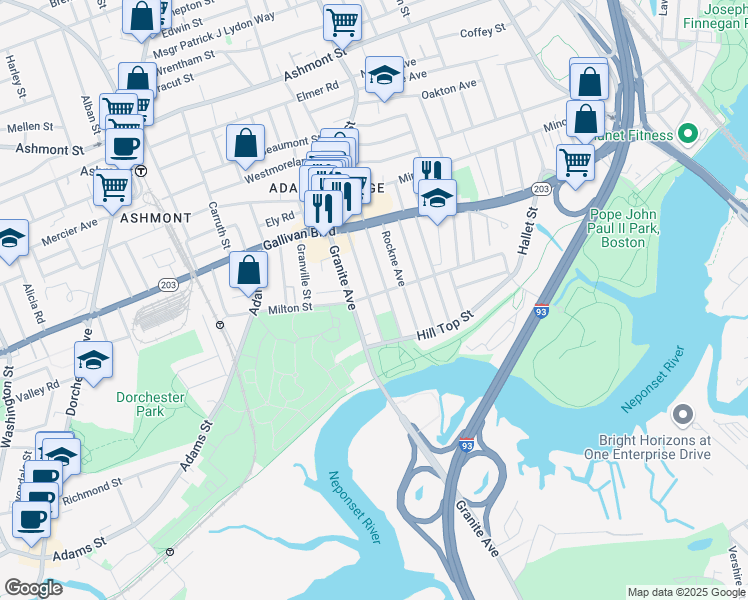 map of restaurants, bars, coffee shops, grocery stores, and more near 127 Milton Street in Boston