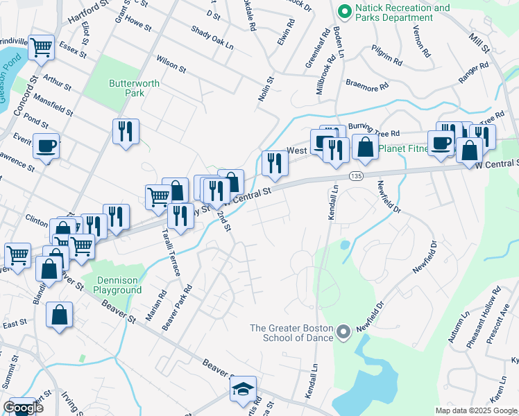 map of restaurants, bars, coffee shops, grocery stores, and more near 17 Garden Rd in Natick