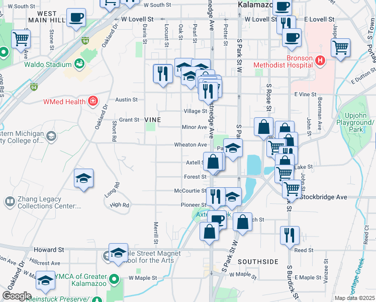 map of restaurants, bars, coffee shops, grocery stores, and more near 617 Wheaton Avenue in Kalamazoo