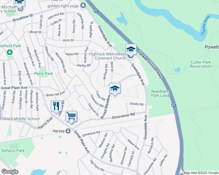 map of restaurants, bars, coffee shops, grocery stores, and more near 131 Bird Street in Needham