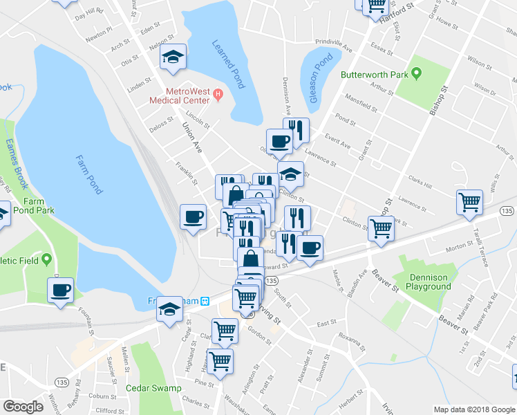 map of restaurants, bars, coffee shops, grocery stores, and more near 196 Concord Street in Framingham