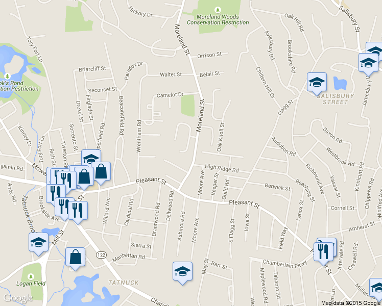 map of restaurants, bars, coffee shops, grocery stores, and more near 39 Moreland Street in Worcester
