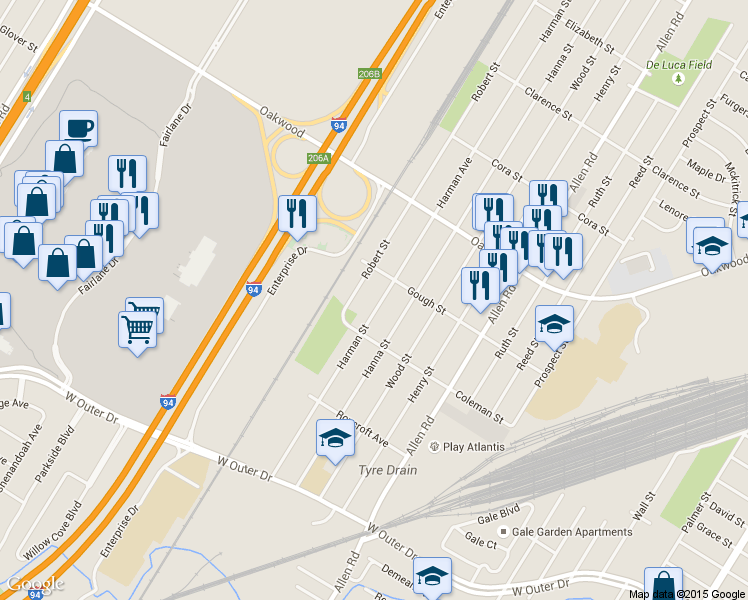 map of restaurants, bars, coffee shops, grocery stores, and more near 18853 Harman Street in Melvindale