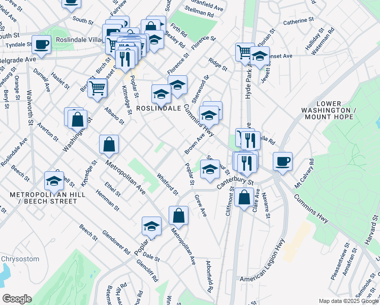 map of restaurants, bars, coffee shops, grocery stores, and more near 17 Brown Avenue in Boston